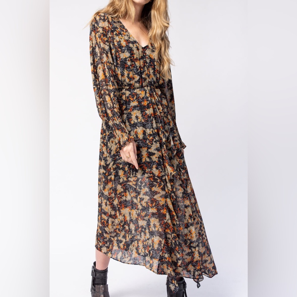 NWT $575 Iro Jorma Ruffled Printed Georgette Midi Dress In Black - Picture 1 of 11